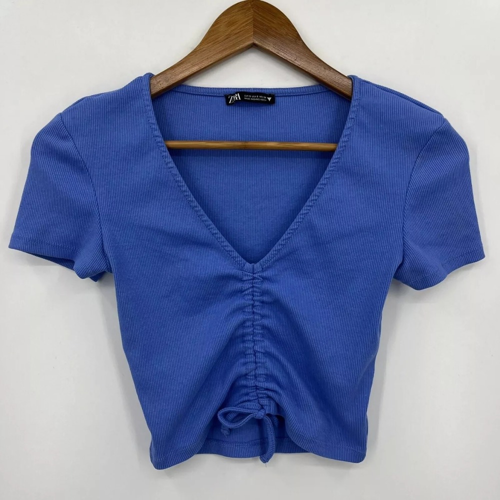 Zara T-Shirt Women's Size S Blue Ribbed V-Neck Cropped Tie Solid Print